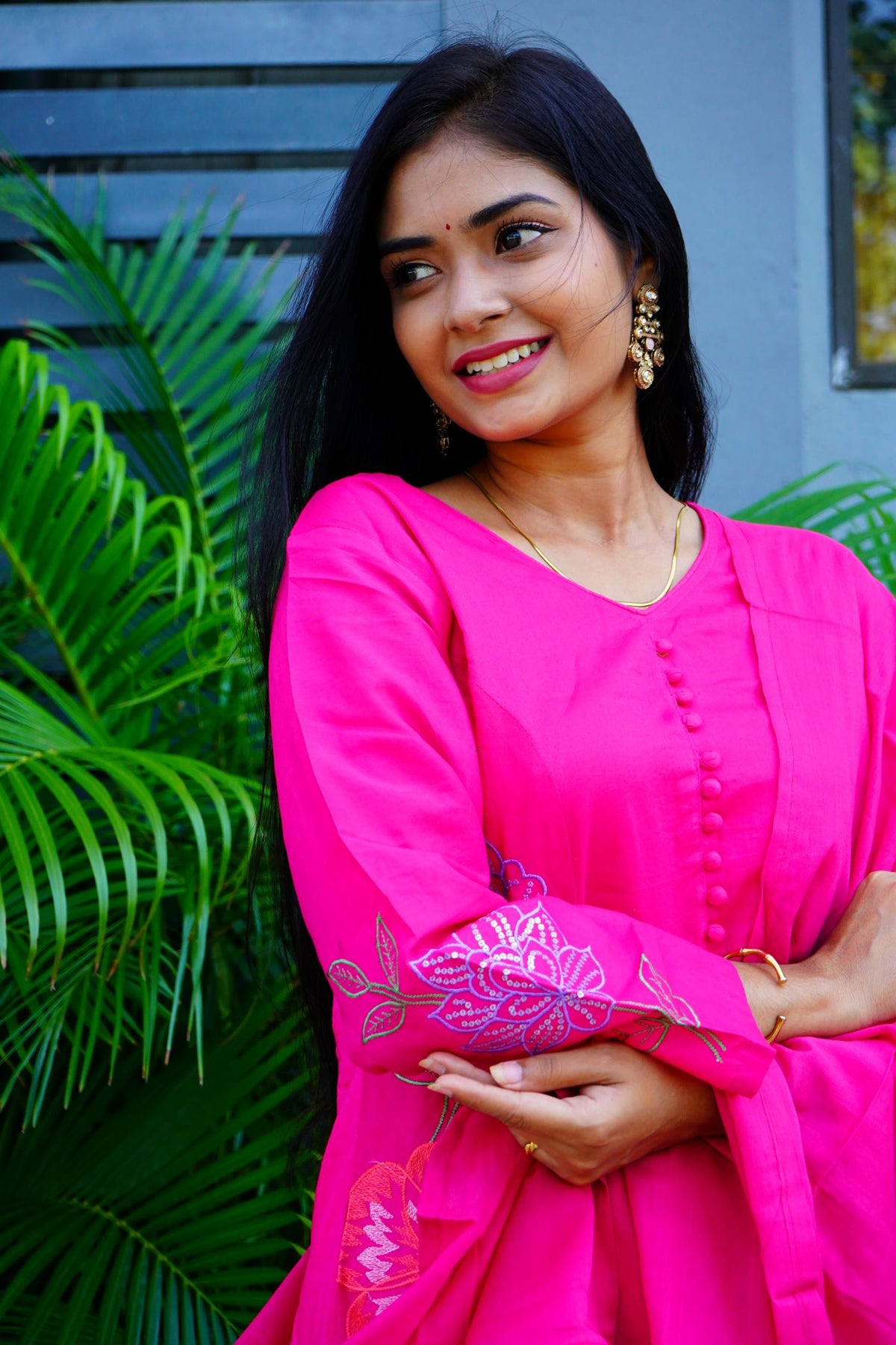 Rani Pink Mul Chendari kurta set