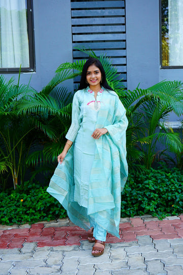 Pastel Aqua Blue Mul Chanderi Kurta set