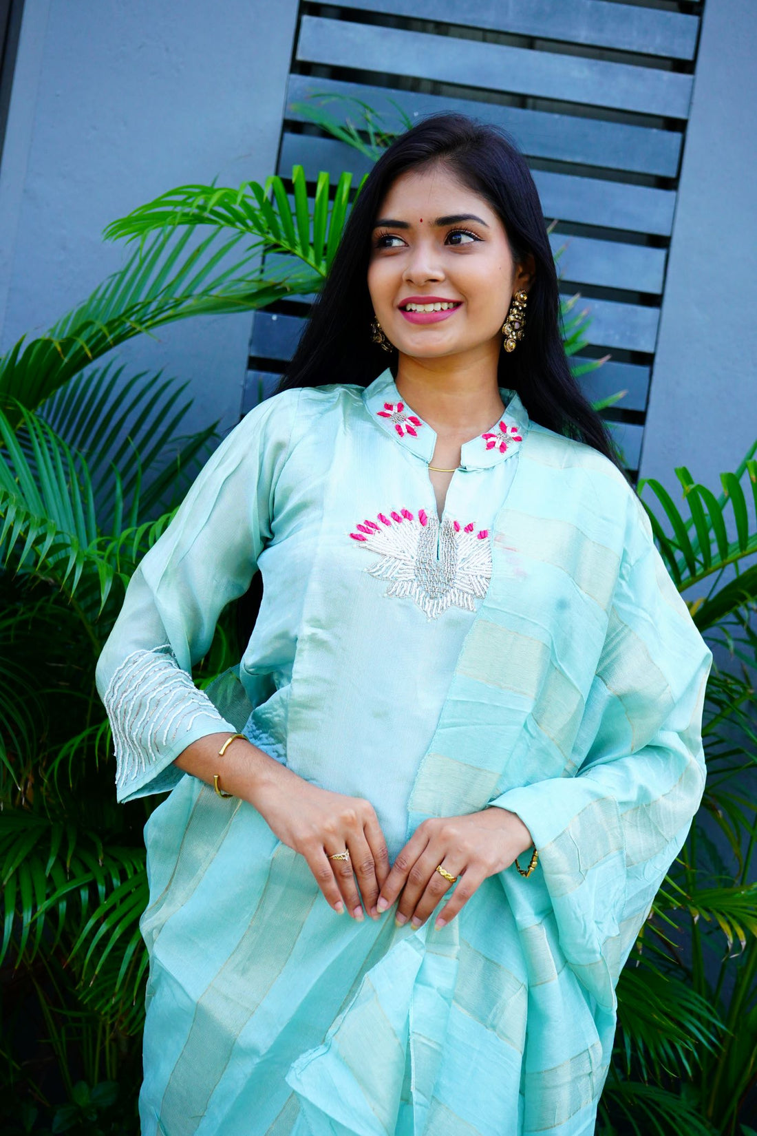Pastel Aqua Blue Mul Chanderi Kurta set