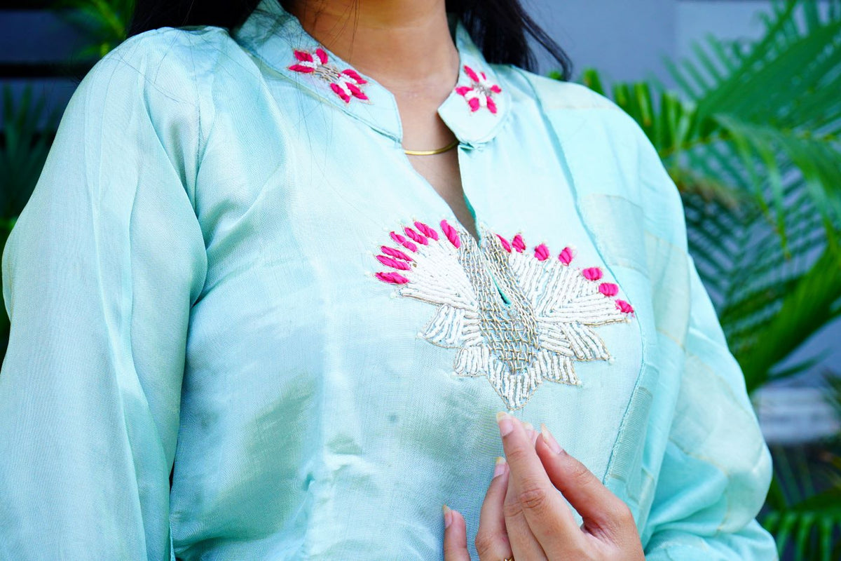 Pastel Aqua Blue Mul Chanderi Kurta set