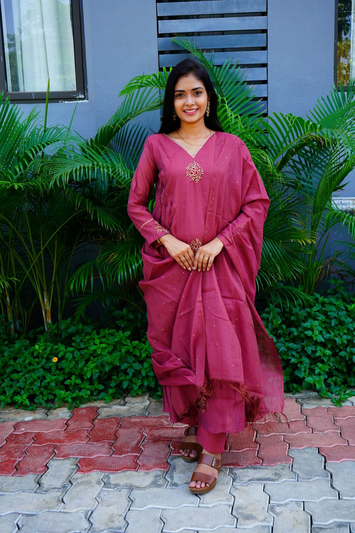 Bright Fuchsia Pink Mul Chanderi Suits