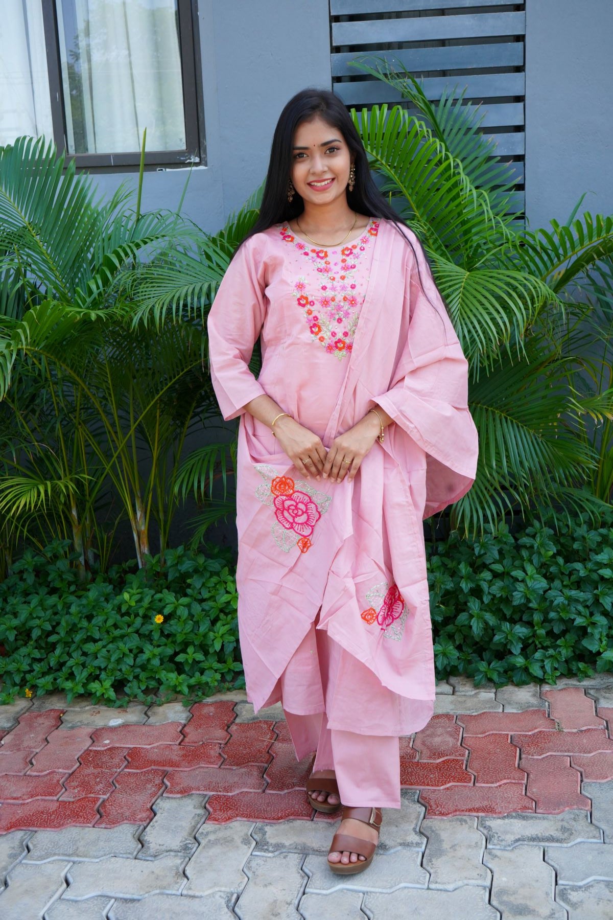 peach pinky embroidery chanderi suits
