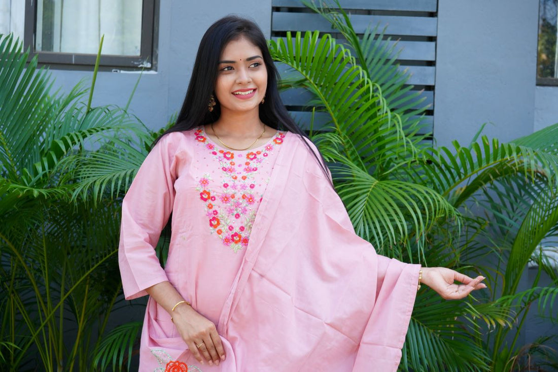 peach pinky embroidery chanderi suits
