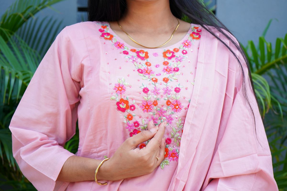 peach pinky embroidery chanderi suits