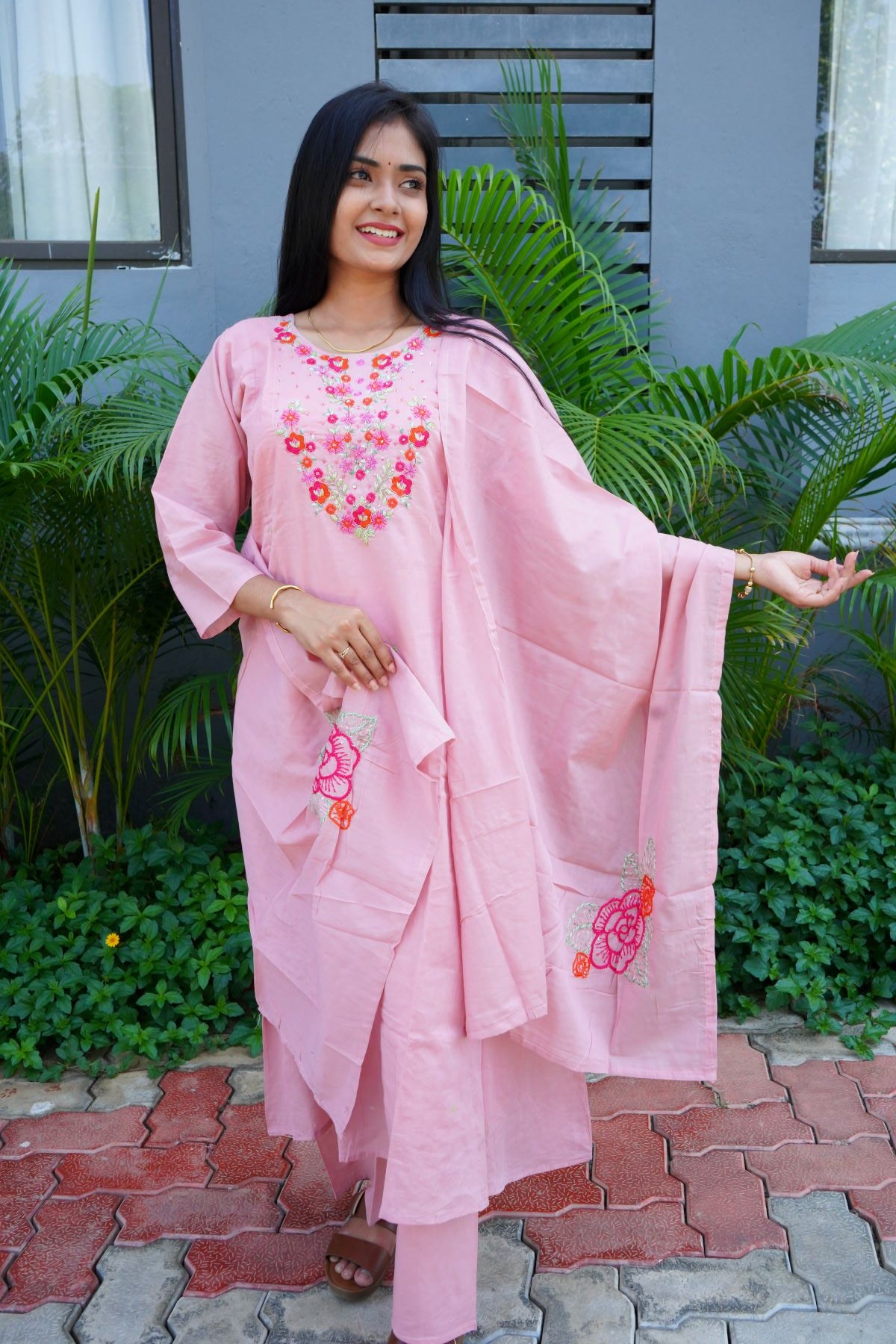 peach pinky embroidery chanderi suits
