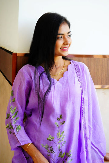 Lavender Scallop Intricate Embroidery Mul Chanderi Salwar Suits