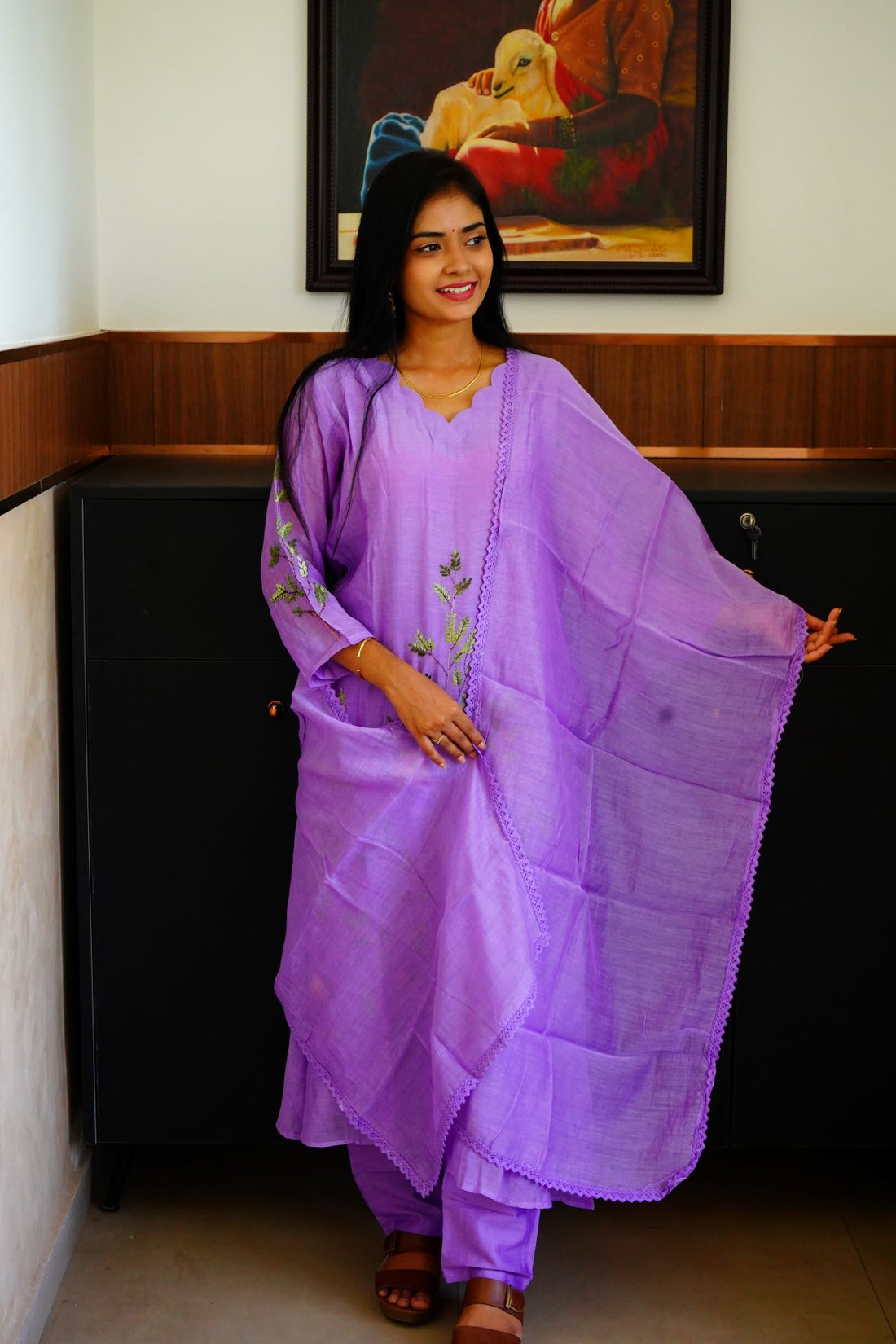 Lavender Scallop Intricate Embroidery Mul Chanderi Salwar Suits