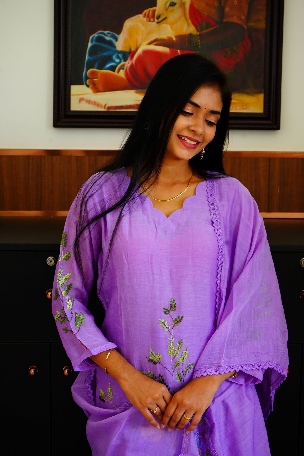 Lavender Scallop Intricate Embroidery Mul Chanderi Salwar Suits