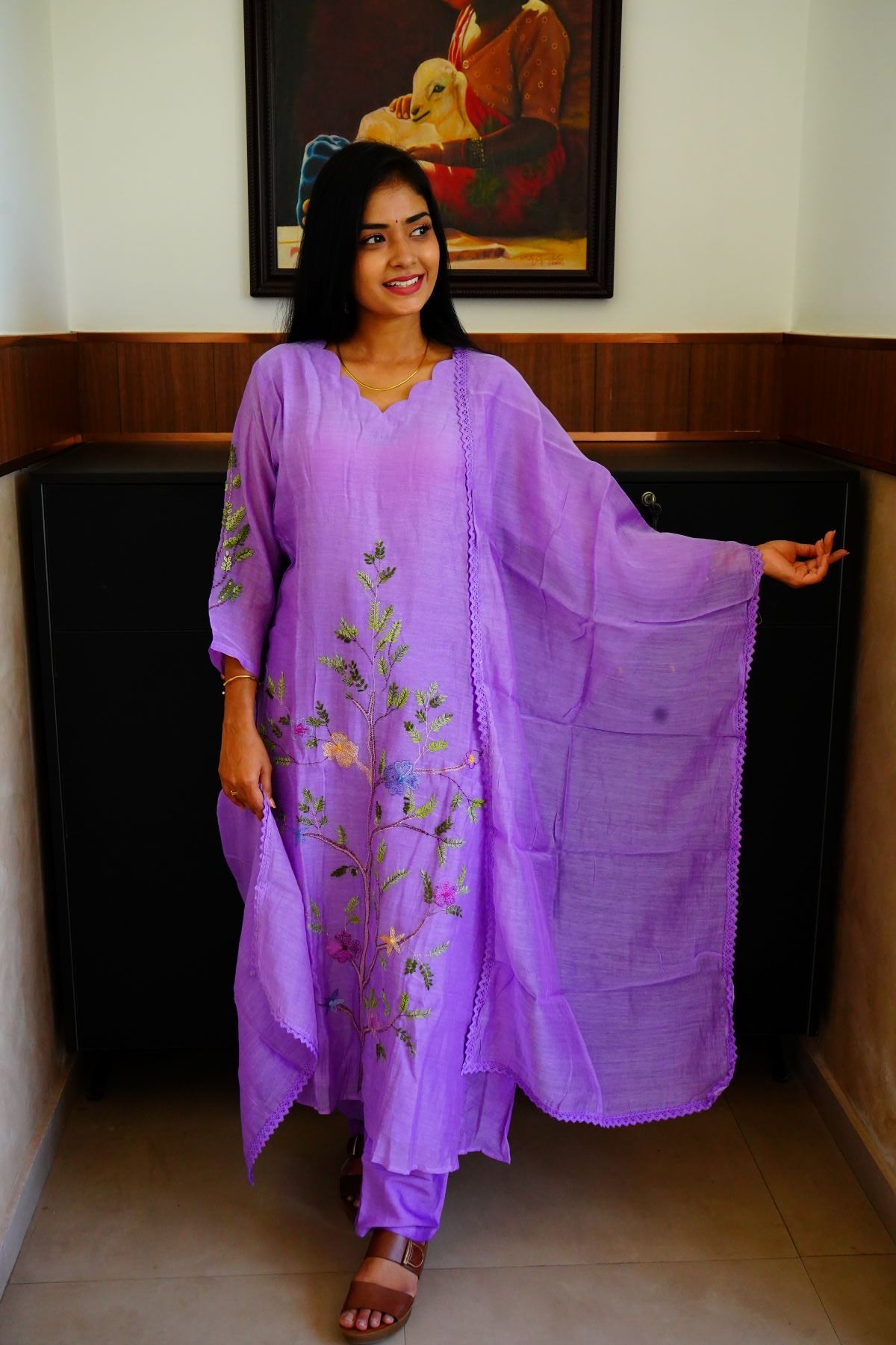 Lavender Scallop Intricate Embroidery Mul Chanderi Salwar Suits