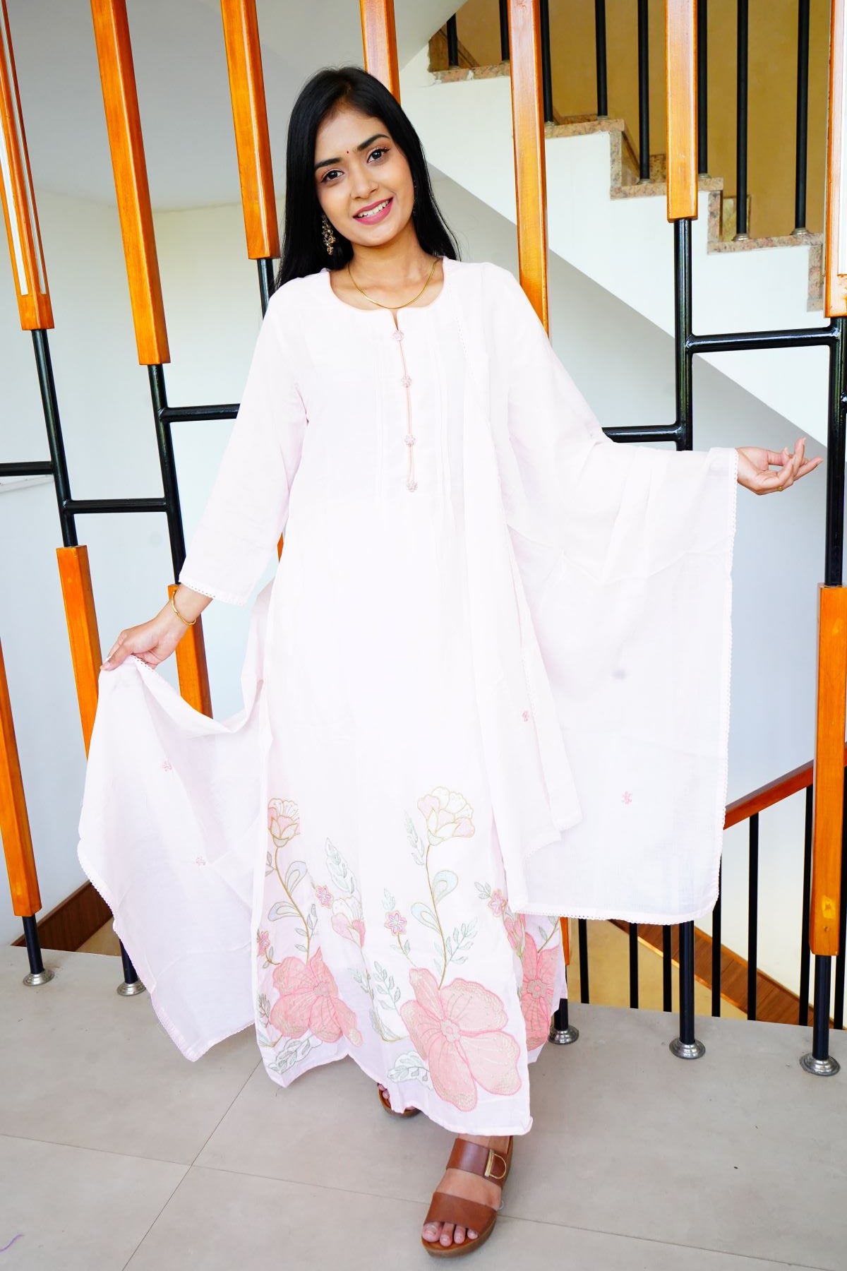 Creamy Pink Flared Ethnic Mul Cotton Suits