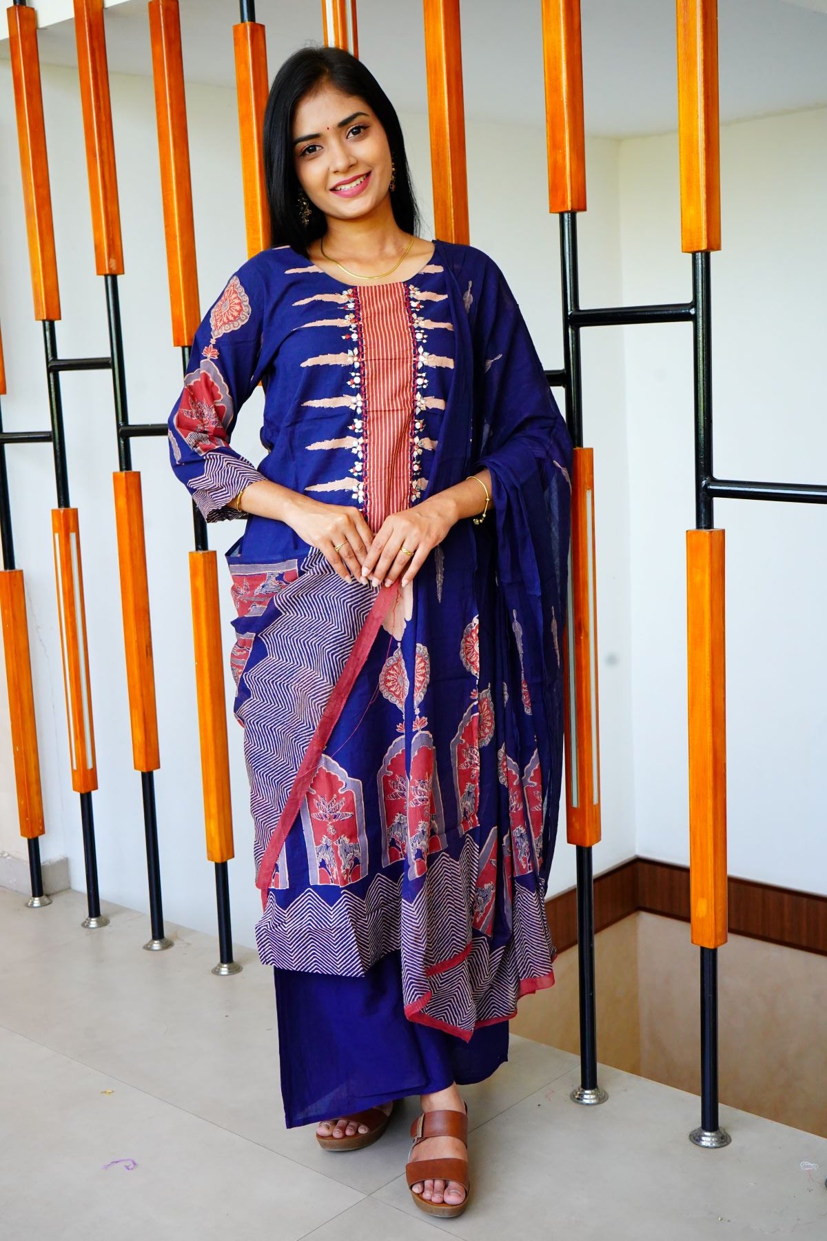 Navy Blue Geometrical Design Cotton Suits