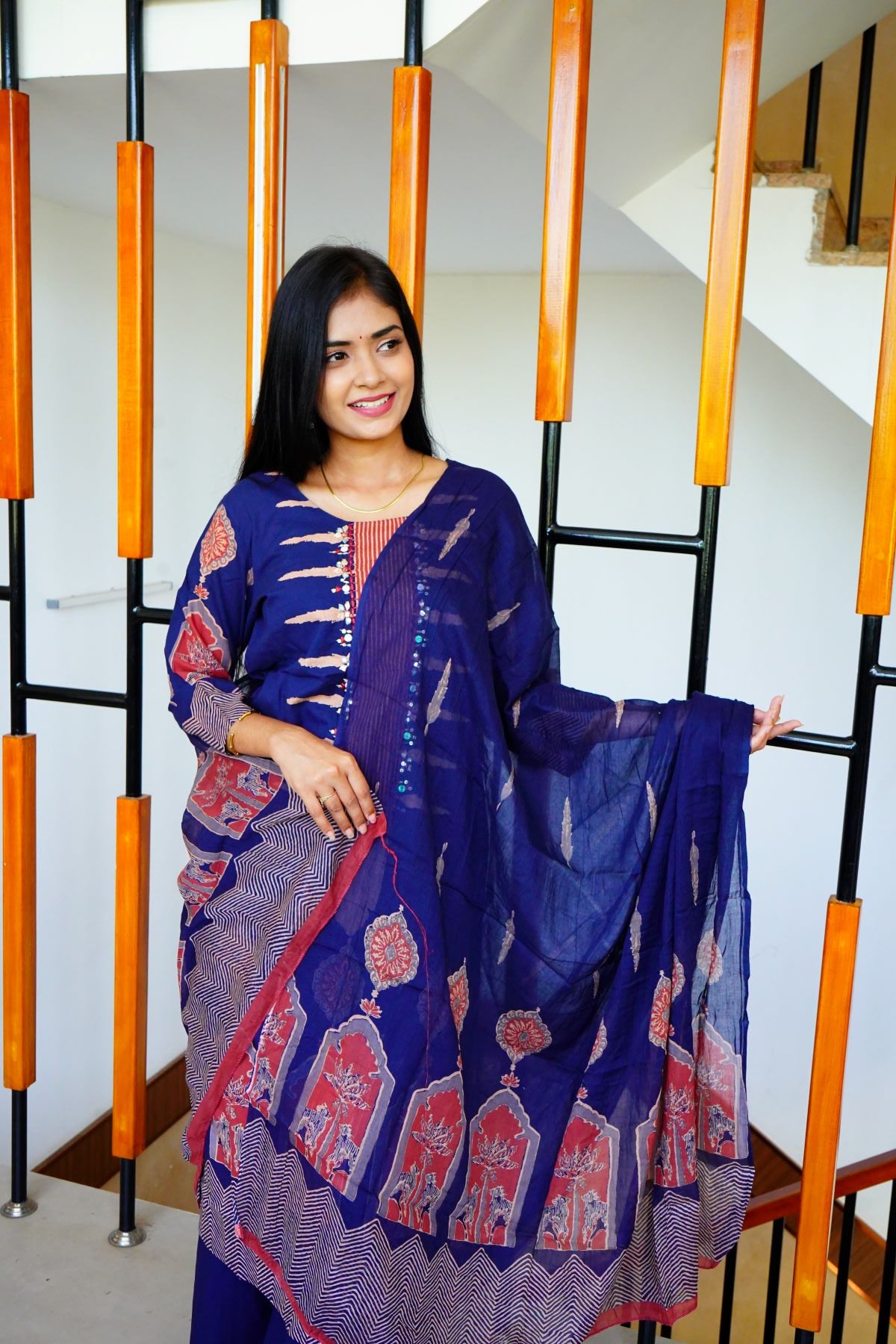 Navy Blue Geometrical Design Cotton Suits