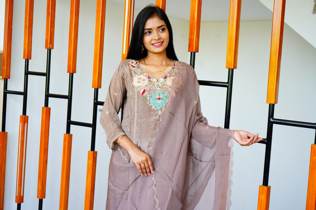 Muted Mauve Shimmery Chinnon Salwar Suits