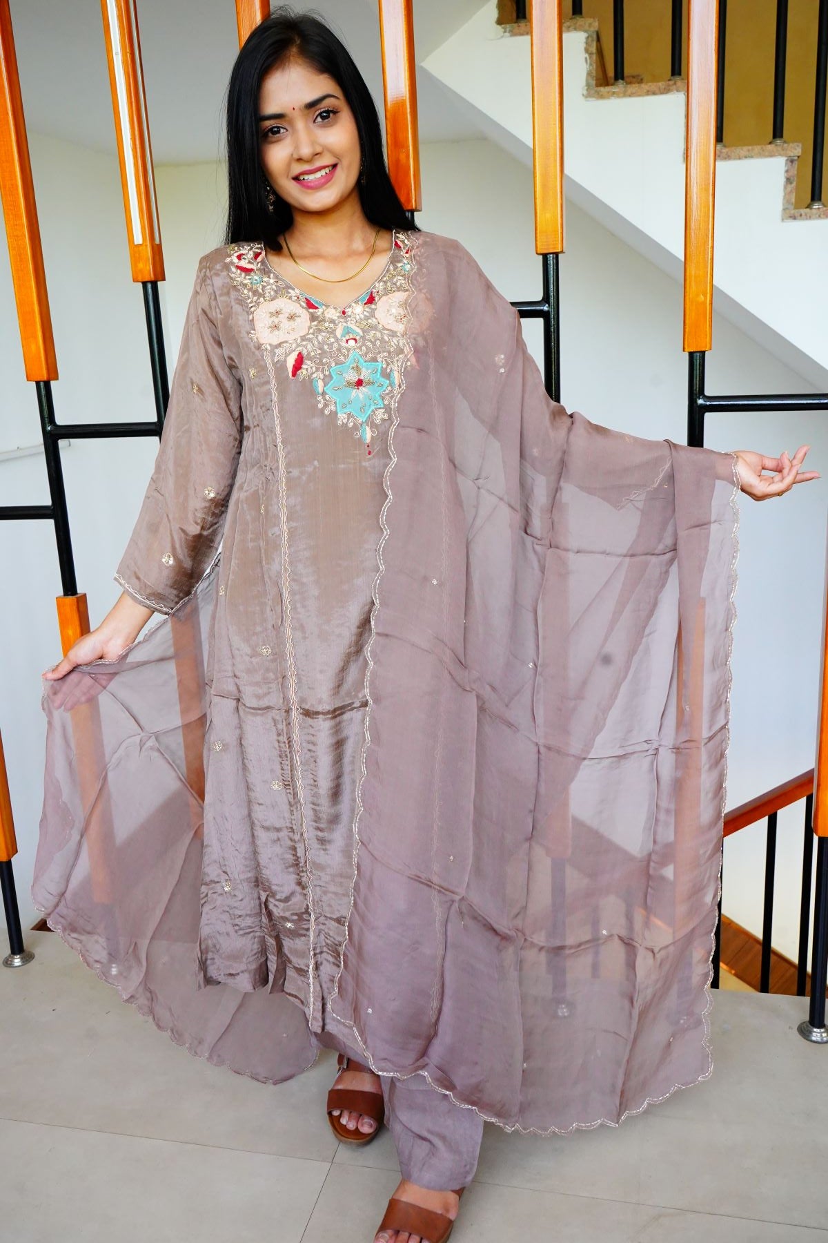 Muted Mauve Shimmery Chinnon Salwar Suits