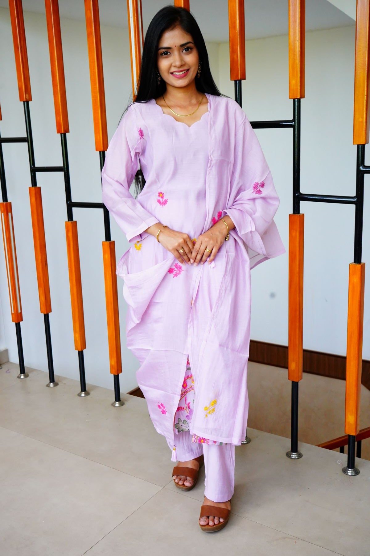 Pastel Lavender Creamy Embroidery Mul Chanderi Salwar Suits