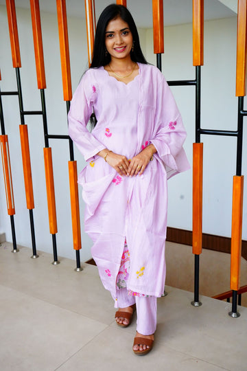 Pastel Lavender Creamy Embroidery Mul Chanderi Salwar Suits