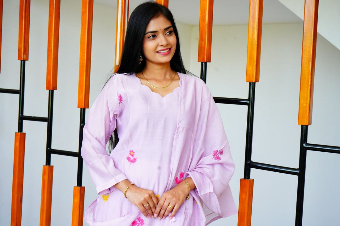 Pastel Lavender Creamy Embroidery Mul Chanderi Salwar Suits