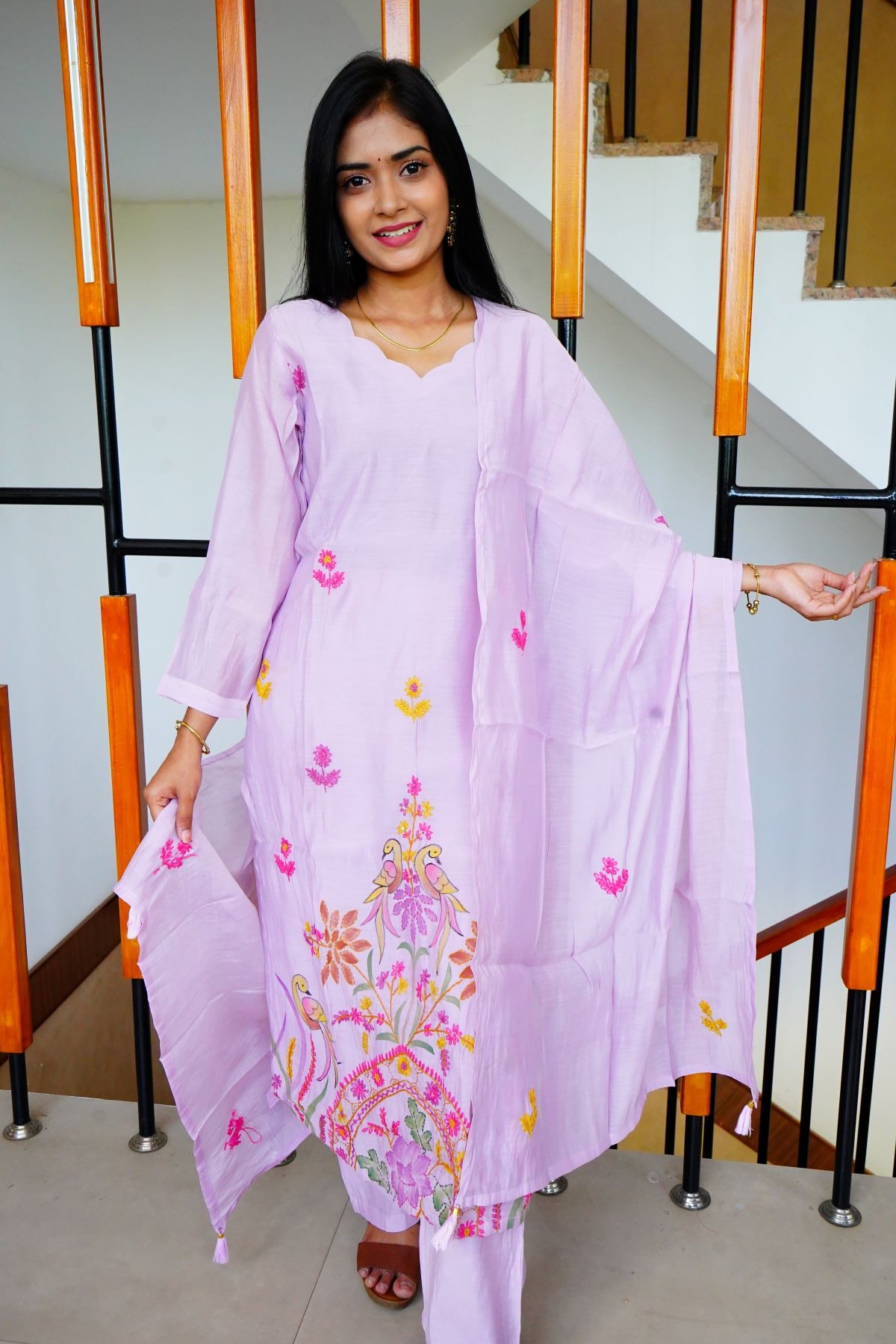 Pastel Lavender Creamy Embroidery Mul Chanderi Salwar Suits