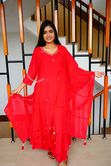 Premium Cheery Red  Mul Chanderi Salwar Suits