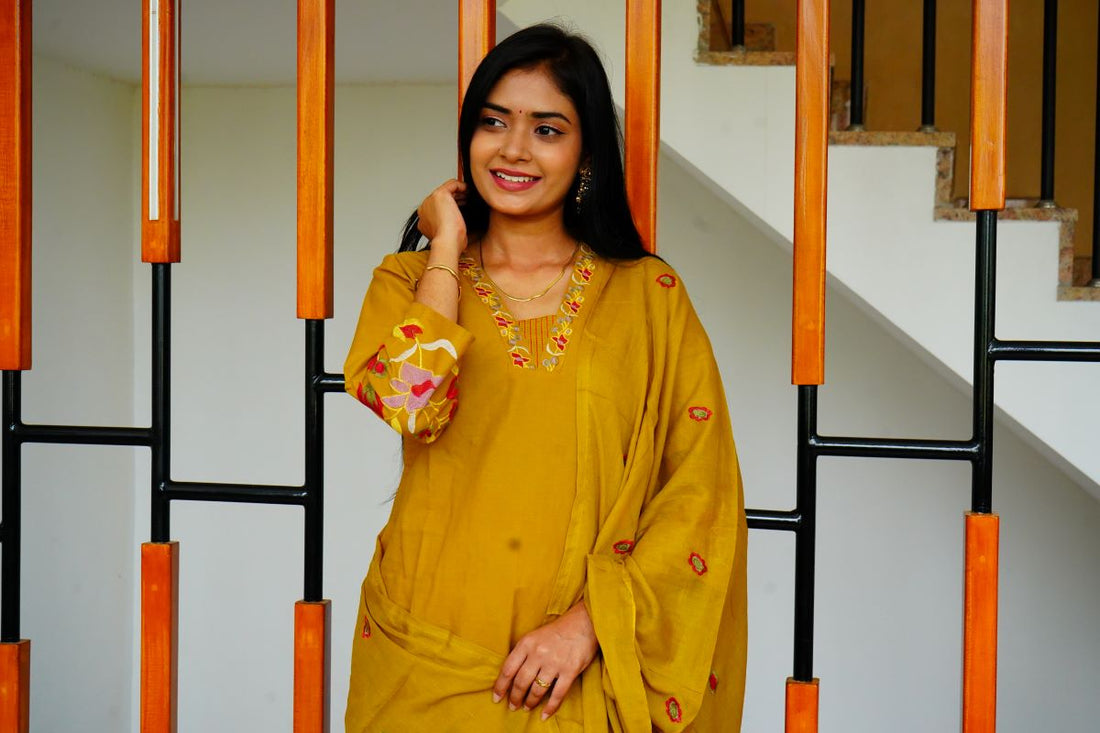 Mustard Applique Cotton Suits