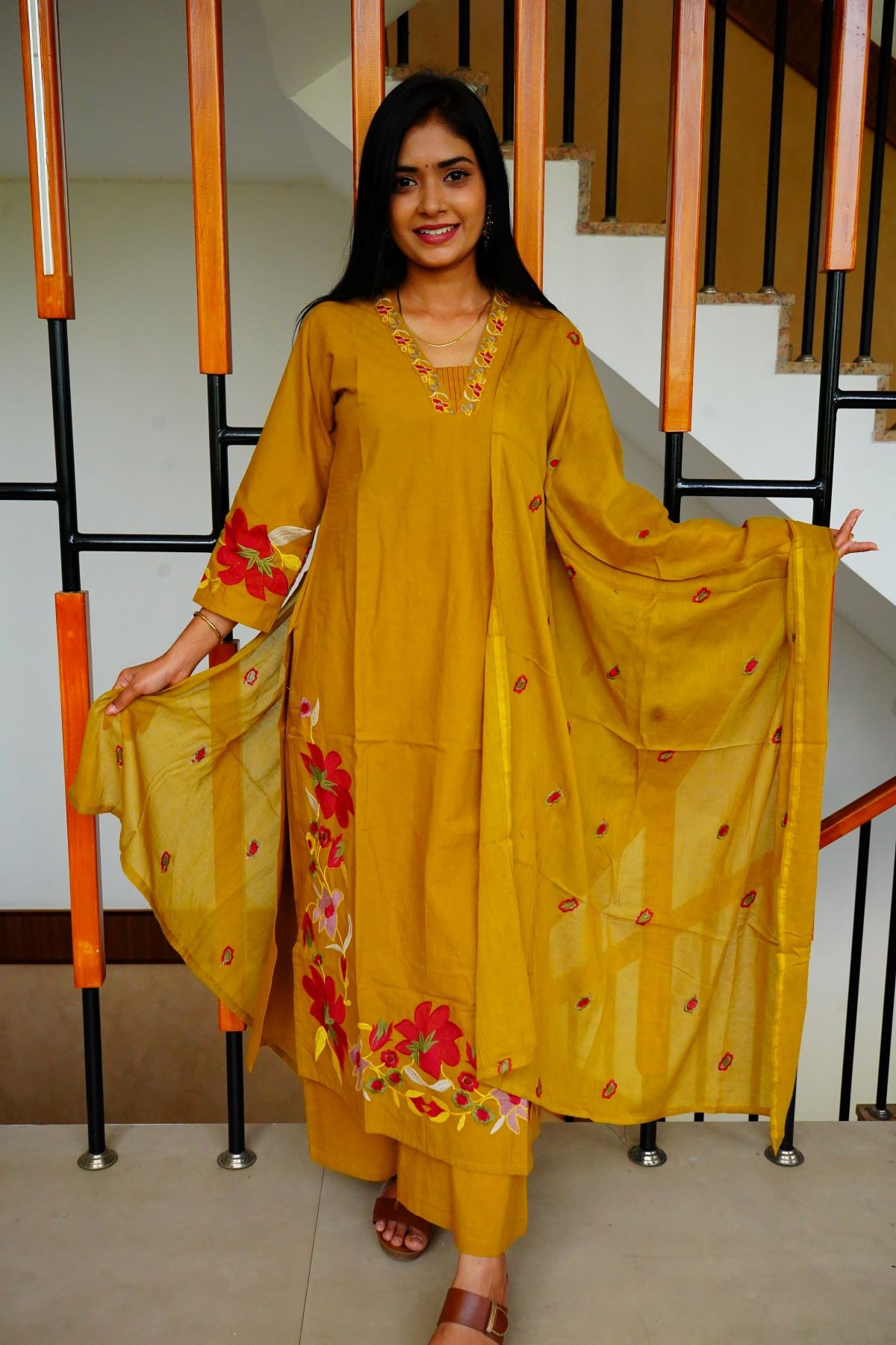 Mustard Applique Cotton Suits