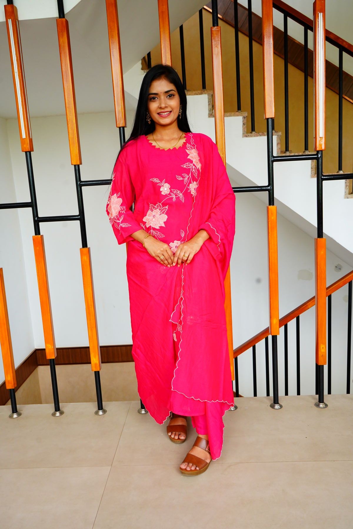 Pink Applique Work Mul Chenderi Salwar Suits
