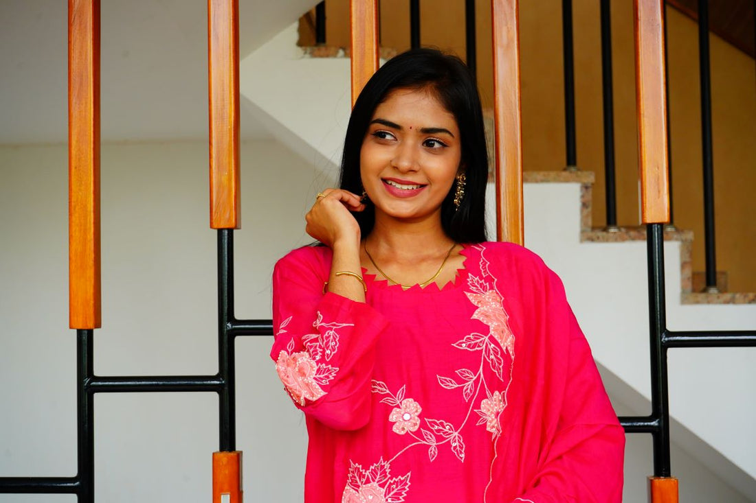 Pink Applique Work Mul Chenderi Salwar Suits