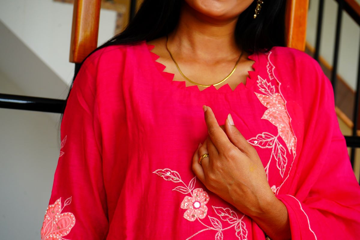 Pink Applique Work Mul Chenderi Salwar Suits