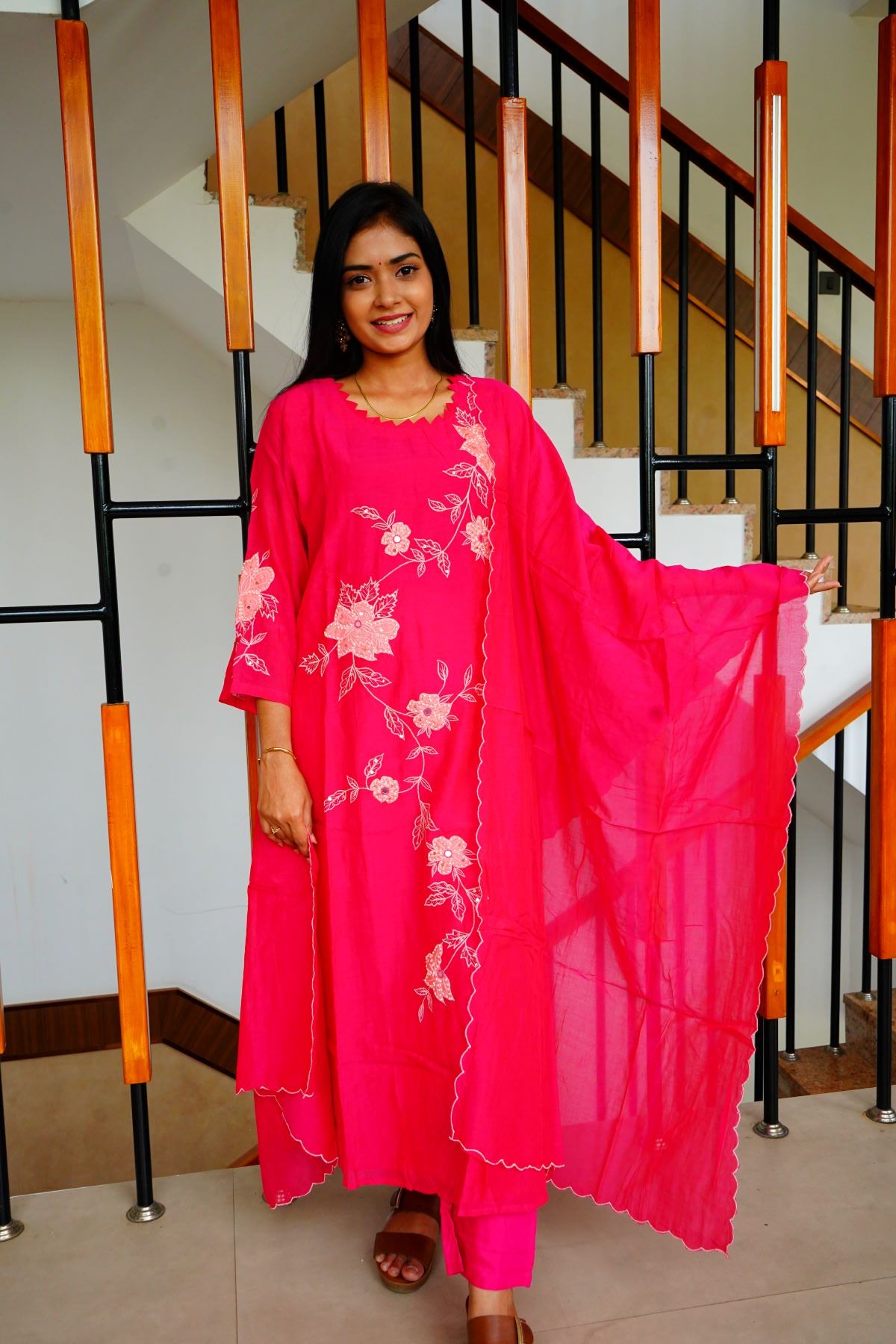 Pink Applique Work Mul Chenderi Salwar Suits