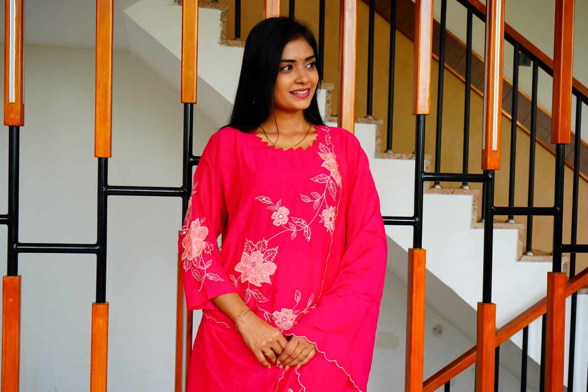 Pink Applique Work Mul Chenderi Salwar Suits