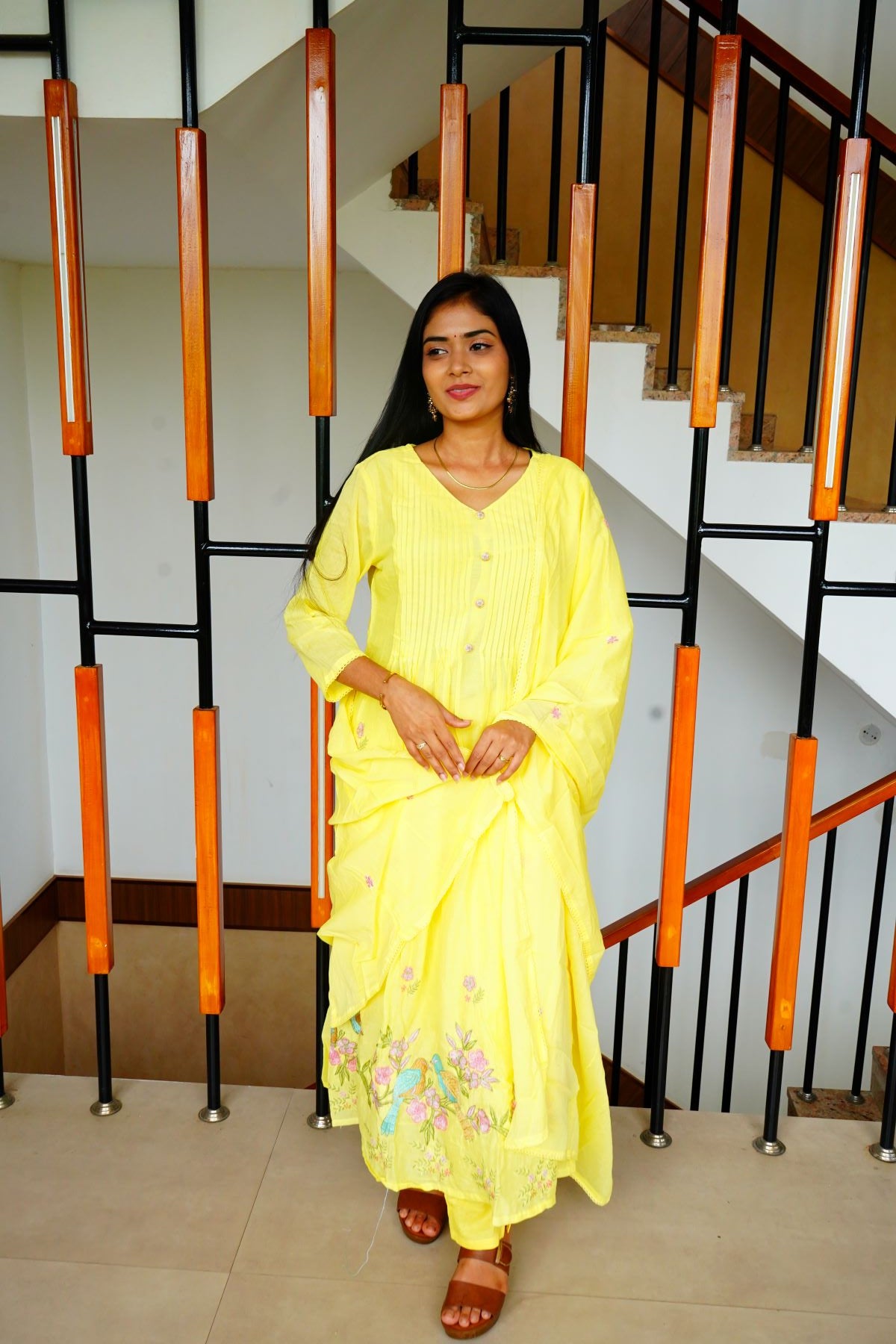 Beautiful lemon yellow Mul Cotton with delicate floral embroidery Salwar Suits