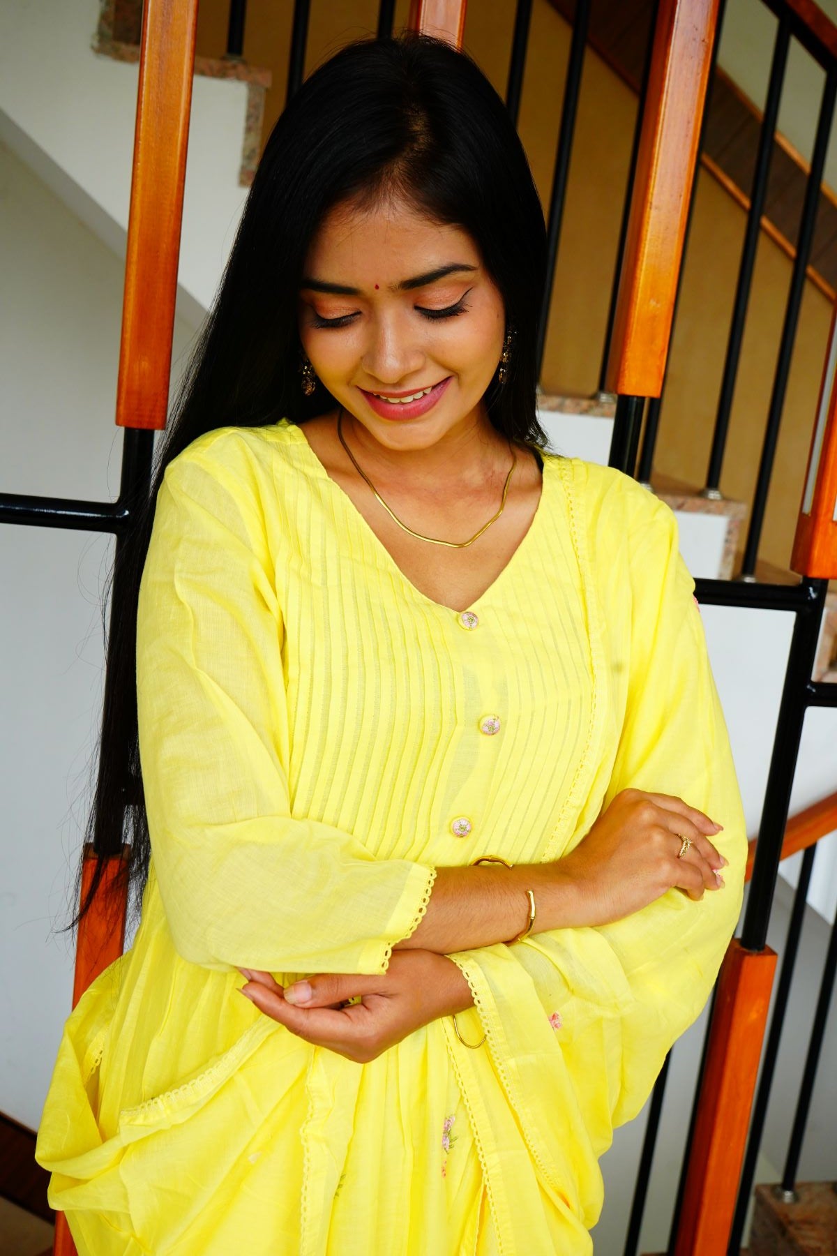 Beautiful lemon yellow Mul Cotton with delicate floral embroidery Salwar Suits