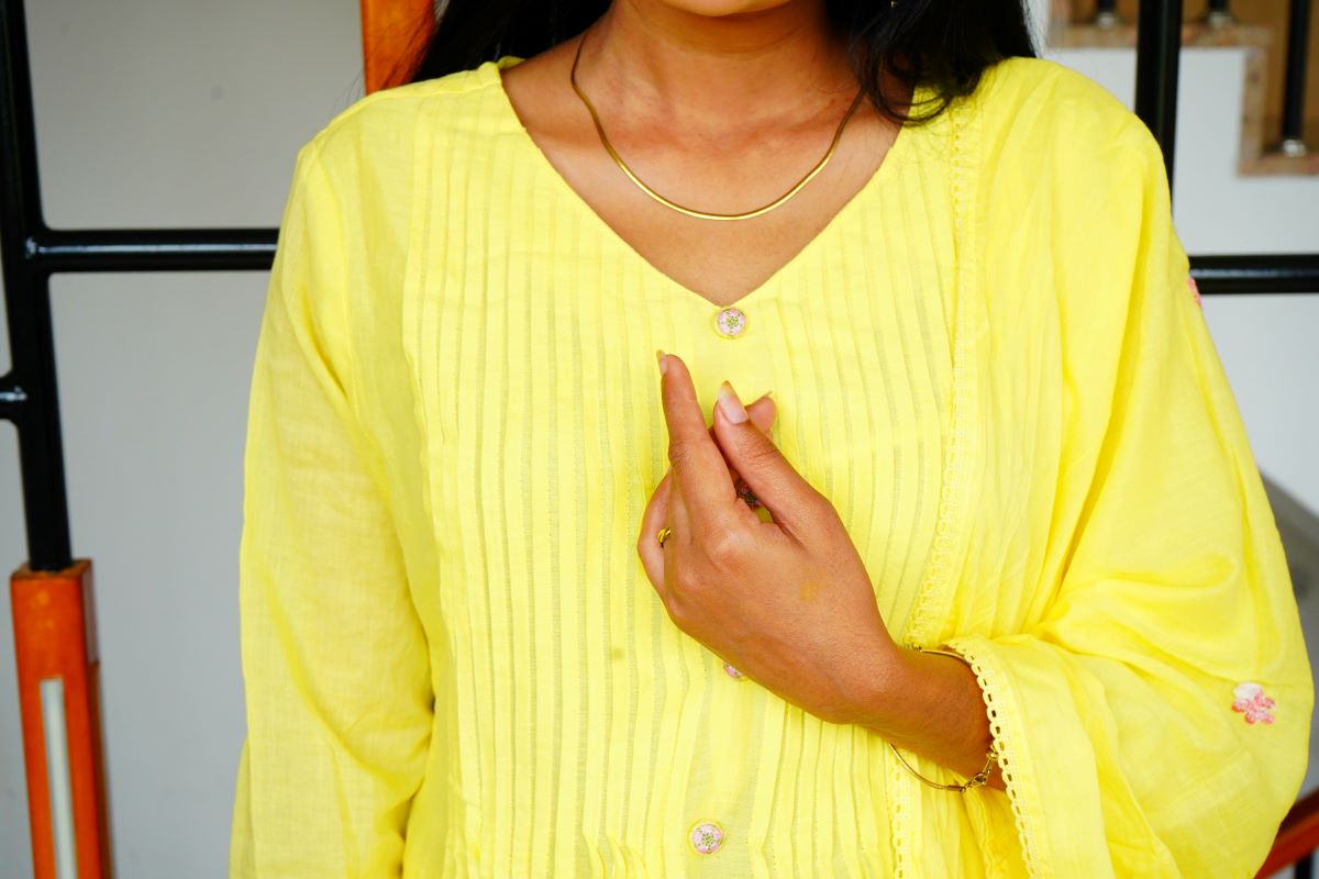 Beautiful lemon yellow Mul Cotton with delicate floral embroidery Salwar Suits