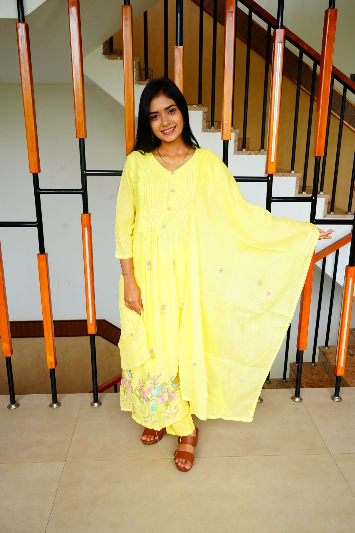 Beautiful lemon yellow Mul Cotton with delicate floral embroidery Salwar Suits