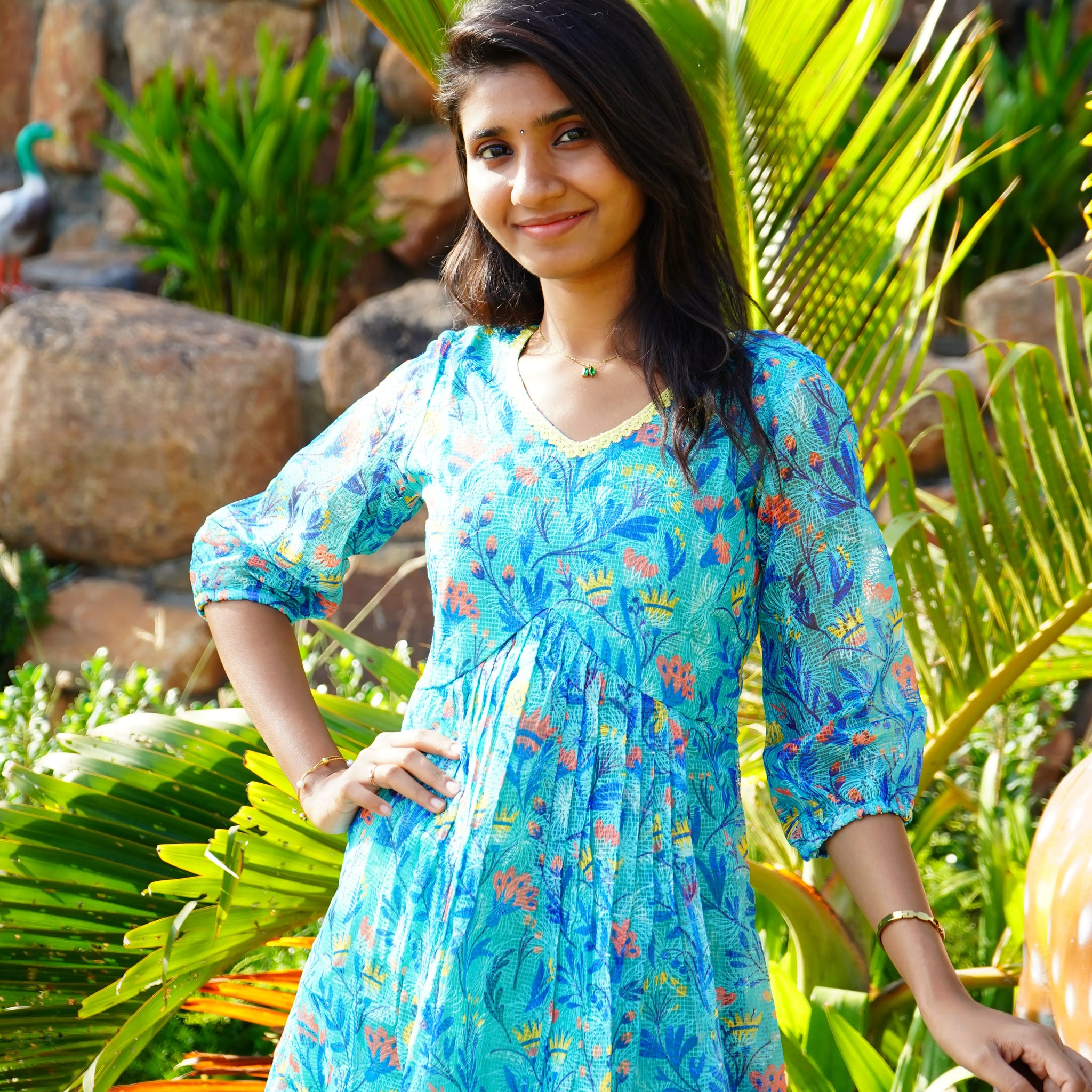 Skyblue Floral Aline Frock