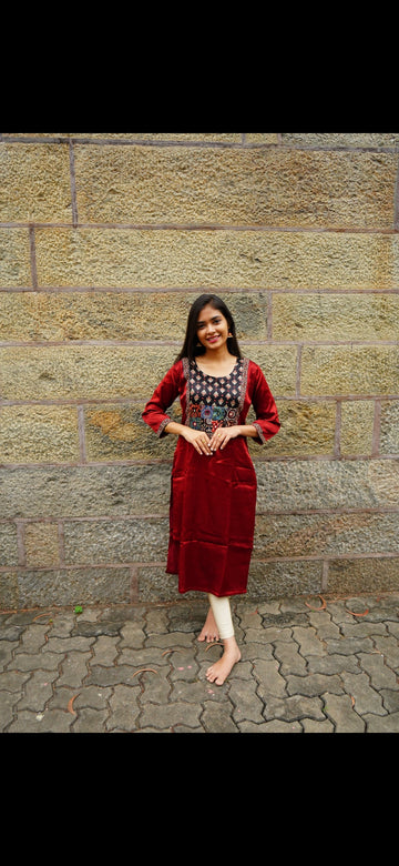 Modal Fabric Ajrak Design Kurti – Maroon