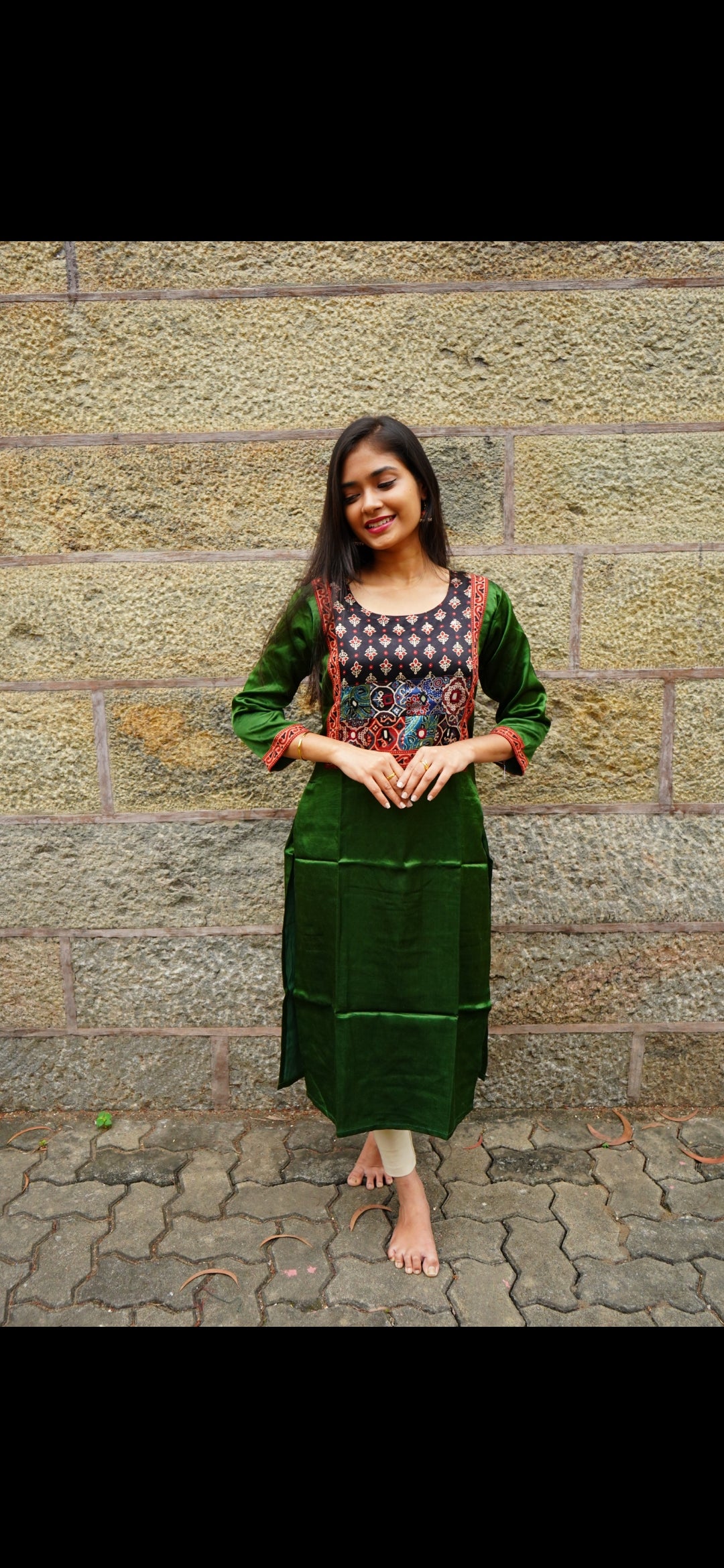 Premium Modal Ajrak Design Kurti – Bottle Green