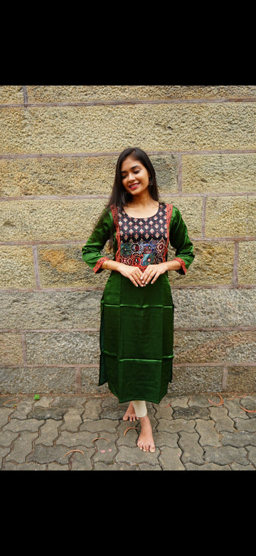 Premium Modal Ajrak Design Kurti – Bottle Green