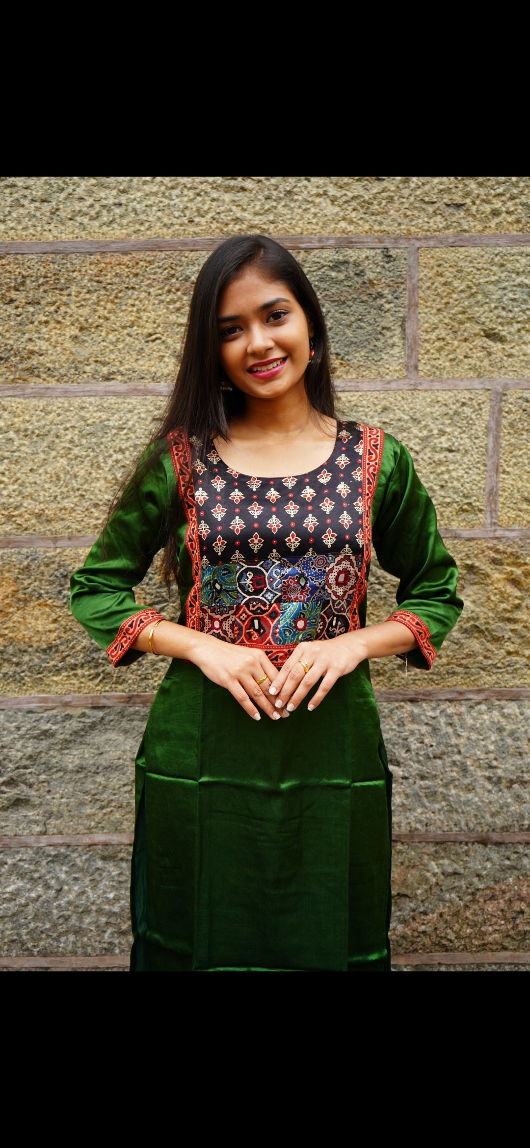 Premium Modal Ajrak Design Kurti – Bottle Green