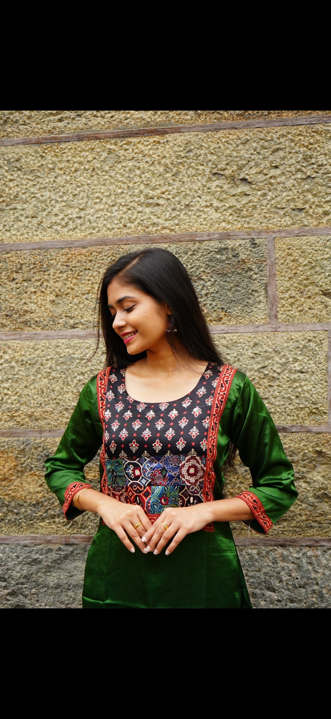Premium Modal Ajrak Design Kurti – Bottle Green