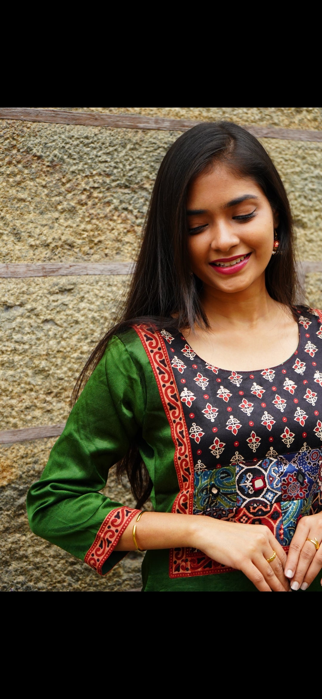 Premium Modal Ajrak Design Kurti – Bottle Green