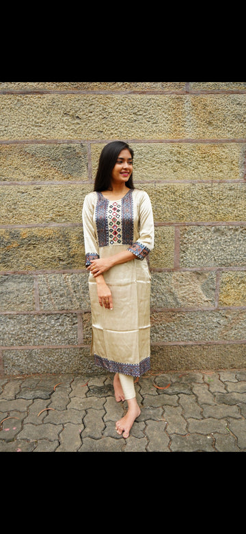 Premium Modal Ajrak Design Kurti – Ivory Beige