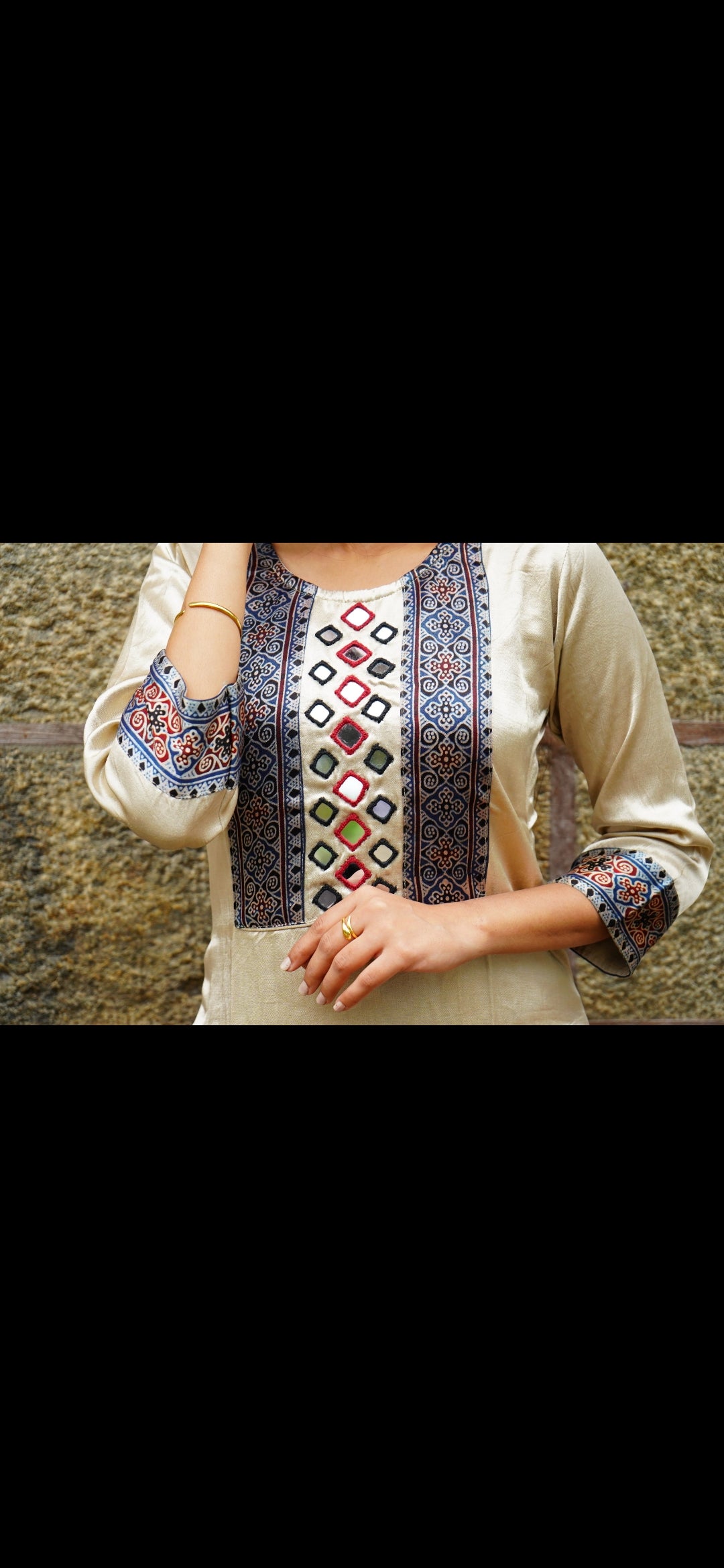Premium Modal Ajrak Design Kurti – Ivory Beige
