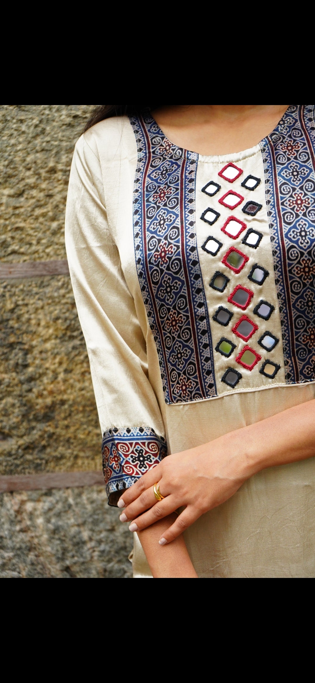 Premium Modal Ajrak Design Kurti – Ivory Beige