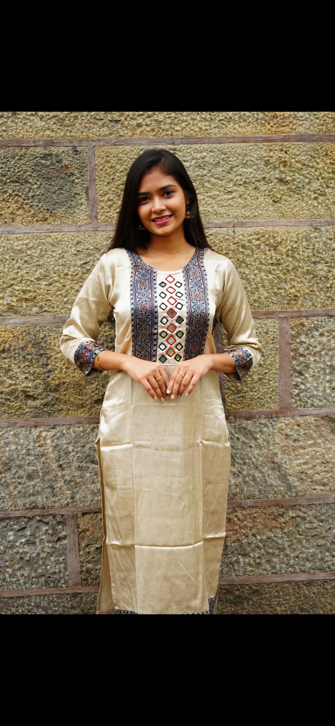 Premium Modal Ajrak Design Kurti – Ivory Beige