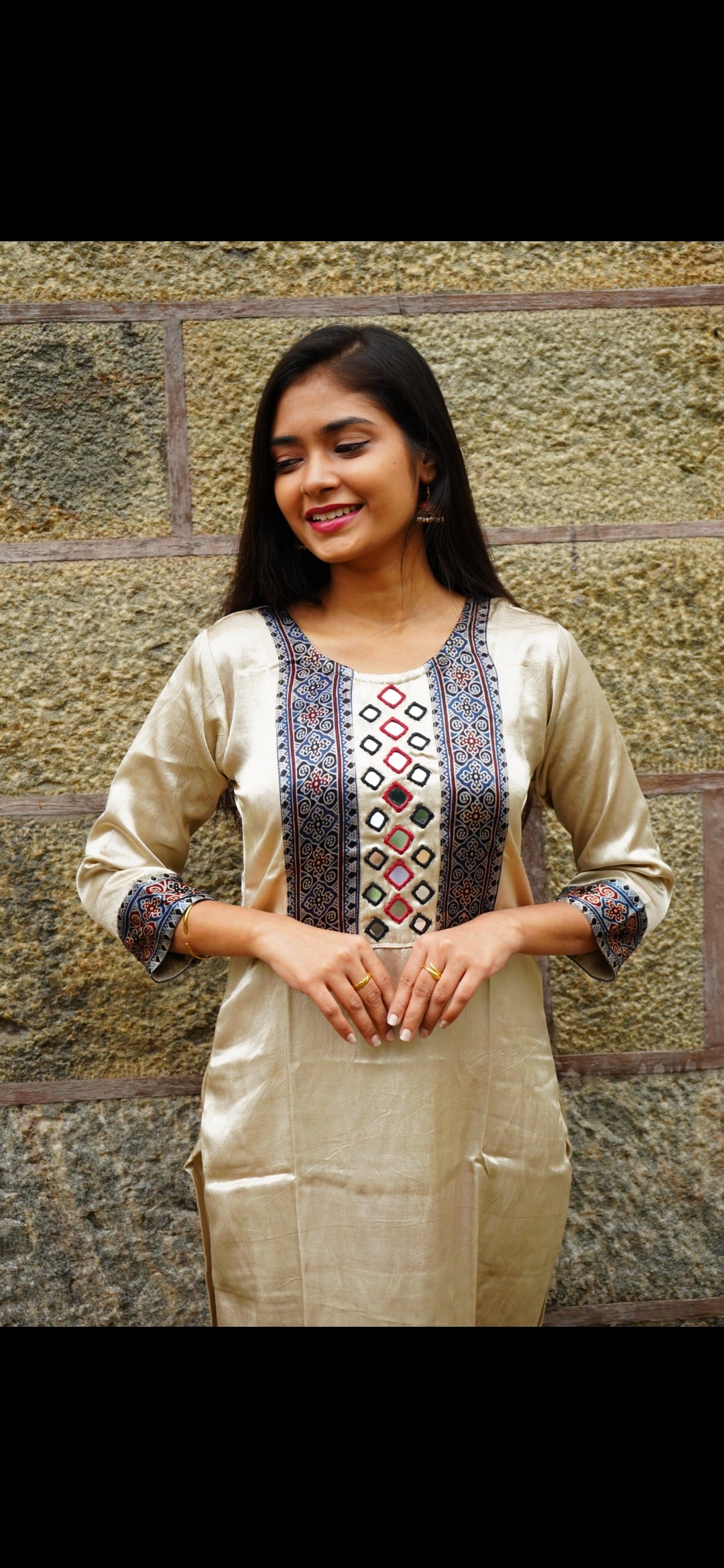 Premium Modal Ajrak Design Kurti – Ivory Beige